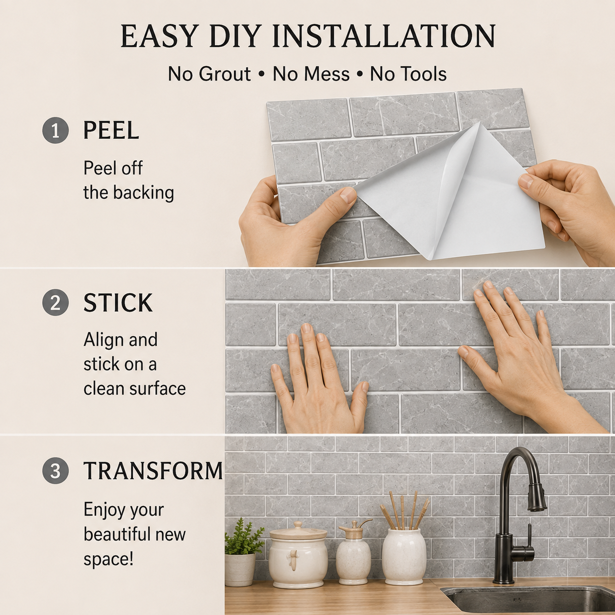 Liorava Gray Marble Peel & Stick Backsplash Tiles